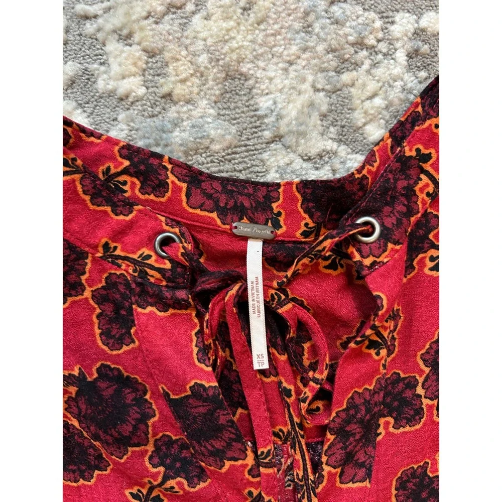 Free People Mia Tunic Red floral longsleeve tie front blouse XS‎ - Picture 4 of 6